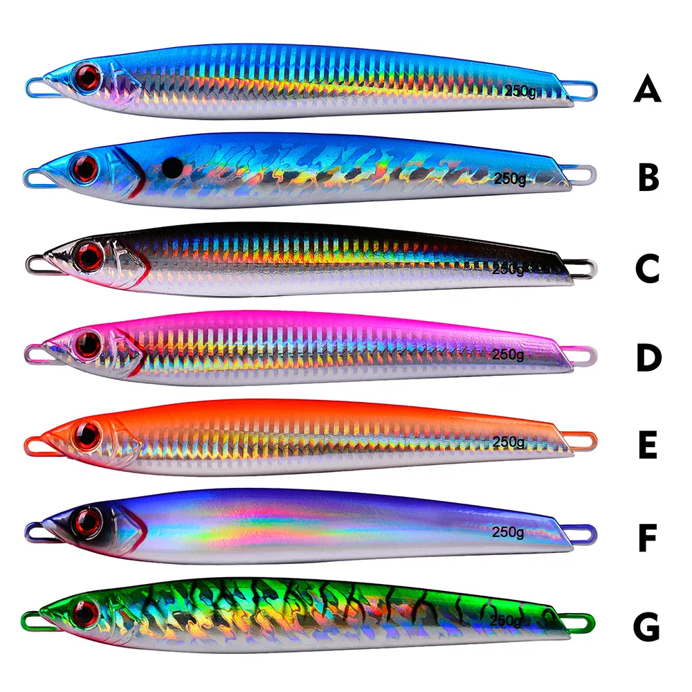 

OEM Leurre De Peche Metal Jigging Lures Spinner Hard Bait 250g 17cm Slow Pitch Jigs Lure Casting Bait Luminous Fishing Lure, 7 colors as showed