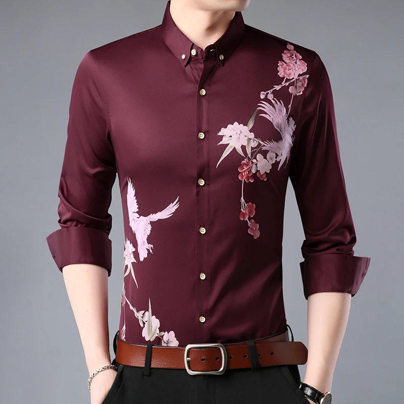 

Wholesale western style man's bird print spring summer long sleeve breather polyester man blouse