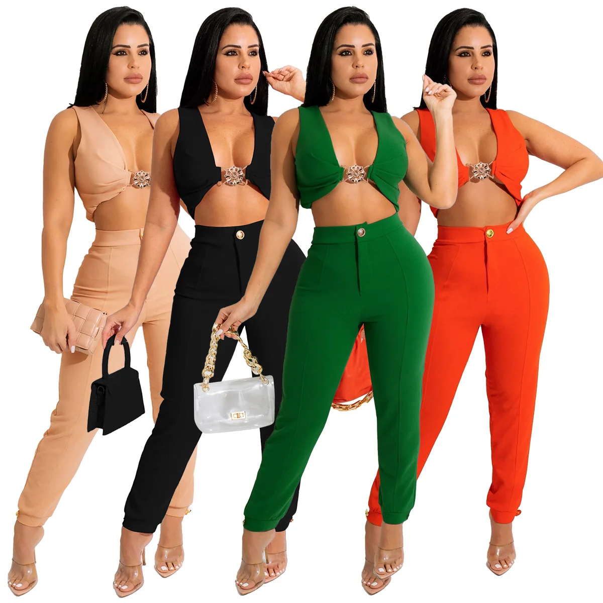 

M3552 - fashion solid color sleeveless crop top with pants women two piece set