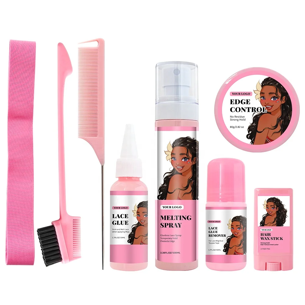 

Private label Lace tint Wax Stick Melting Band Spray Extreme Hold Water Proof Lace glue Remover Hair comb Wig Install Kits