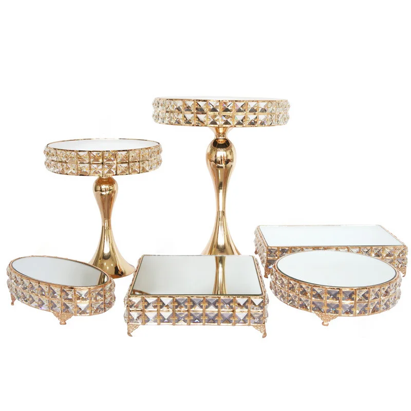 

Wedding Metal Cake Display Stand with Mirror Top Plate Diameter Beaded Crystal Cake Pedestal Snack Tray Baking Party