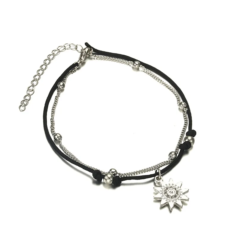 

Cheap Sunflower Pendant Anklet Rope With Alloy Link Bracelet For Foot Double Layer Anklet, As picture