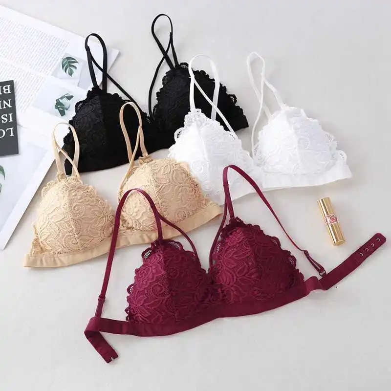 

French Lace Wireless Push Up Bra Sexy Thin Triangle Cup Underwear Sexy Wrap Chest Beauty Back Women's Bra, As picture show