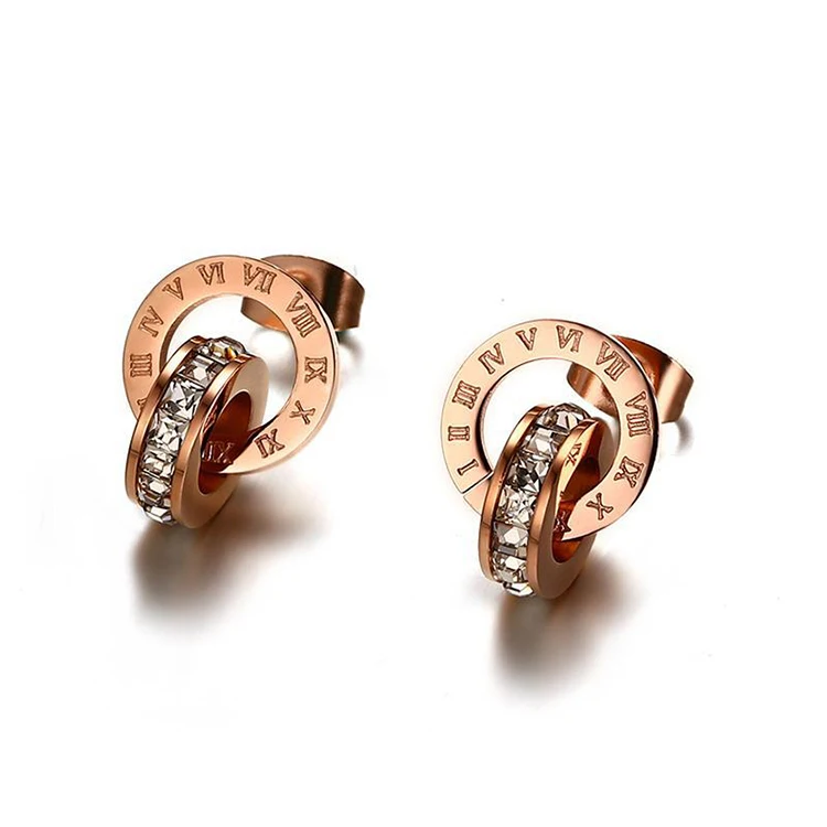 

Wholesale titanium steel jewelry stainless steel earrings fashion rose gold roman numerals zircon stud earrings pendant earrings