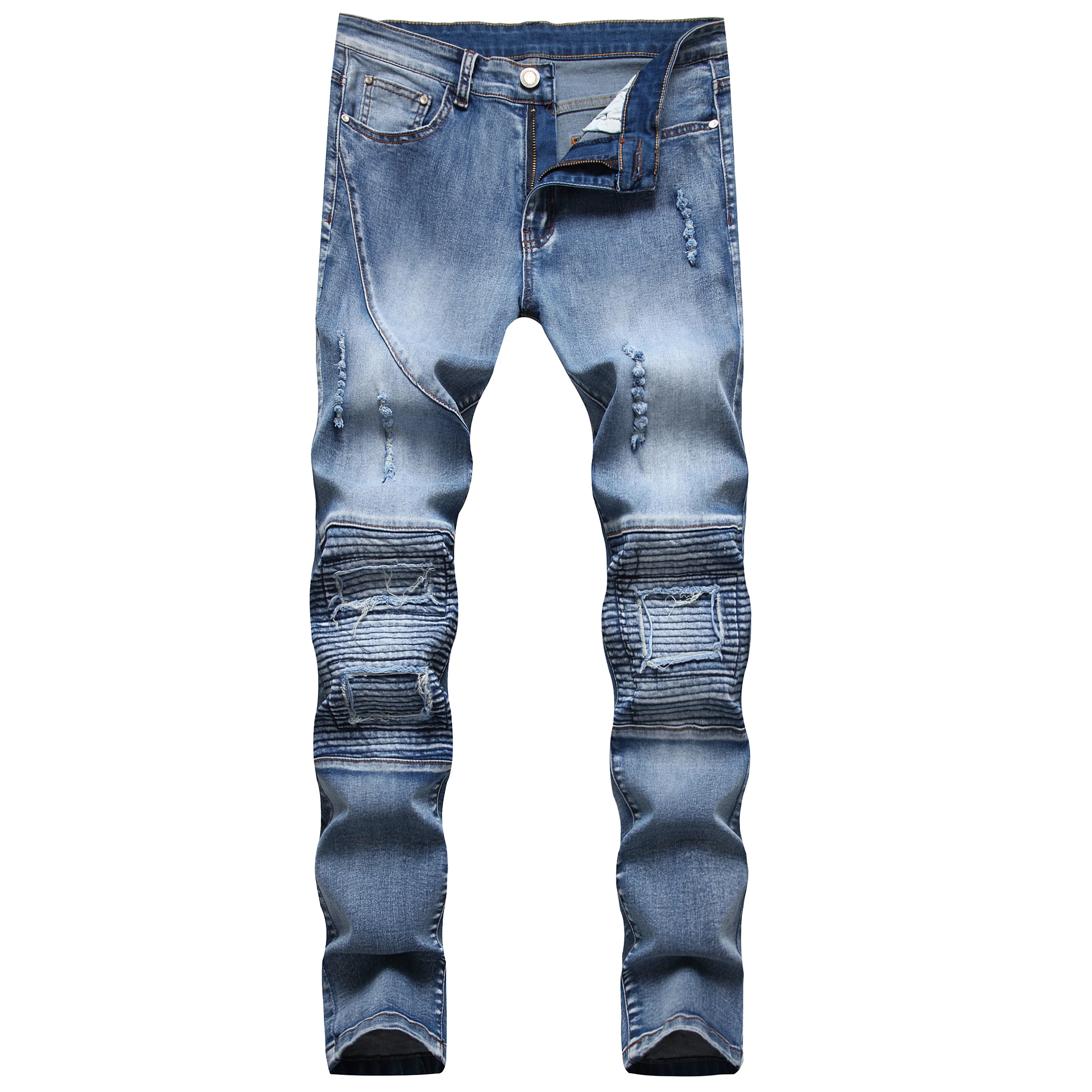 

Men Ripped Slim Straight Fit Moto Biker Jeans with Zipper Deco