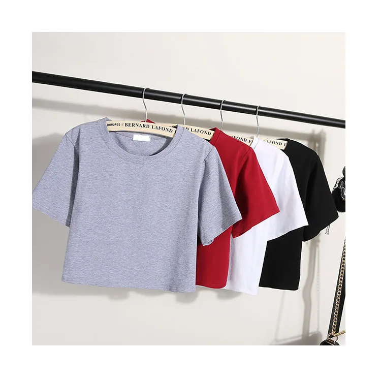 

Custom logo casual solid t shirts streetwear blouse women black crop top tee