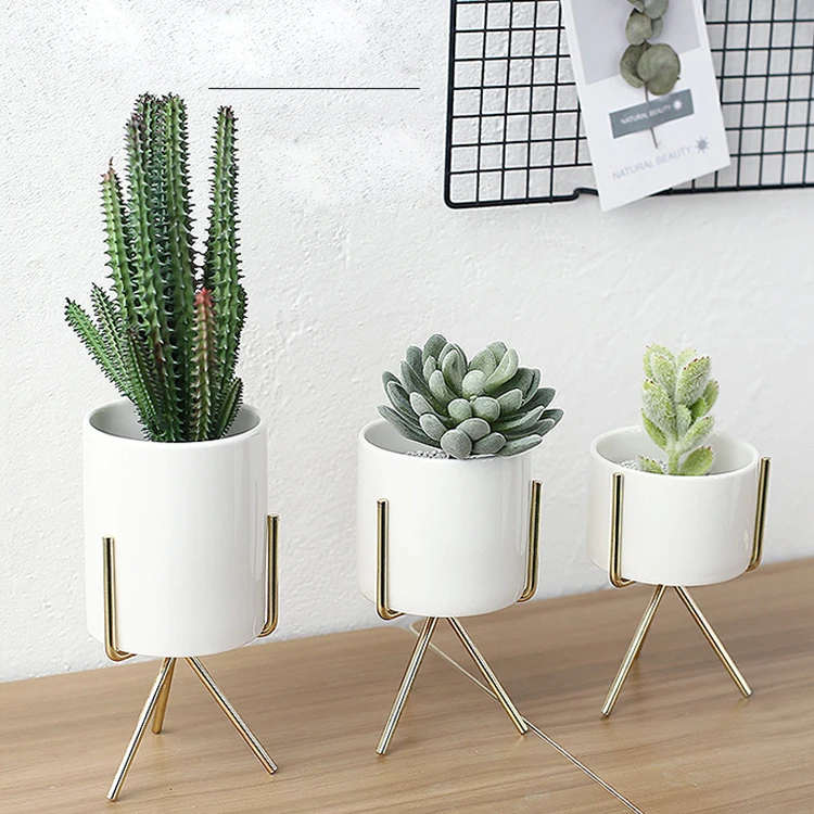 

Wholesale In Stock Home Indoor decor Small Succulent Pot Mini Ceramics Plant Flower Pots With Iron Metal Stand