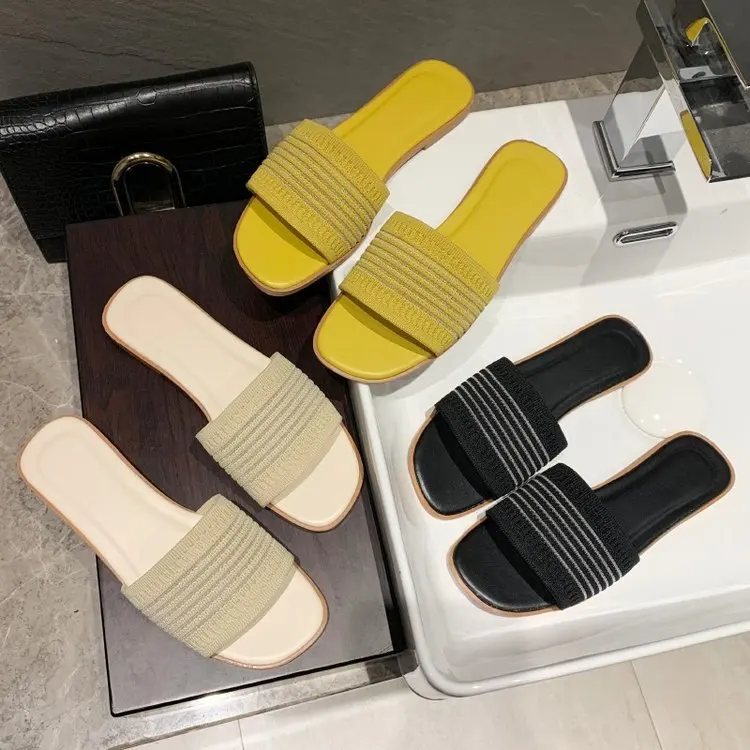 

SP284 summer flat bottom knit casual weave slipper woven breathable mesh outdoor walking slippers hollow slippers, Picture shows