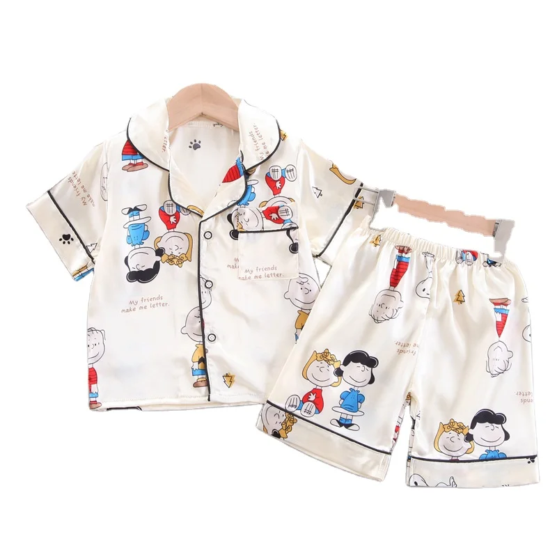 

children cartoon printed silk pajamas boys short sleeve summer printed pajamas