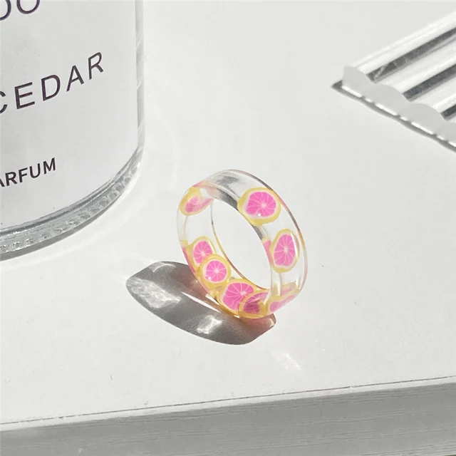 

Finetoo Fashion Fresh Fruits Transparent Resin Acrylic Ring For Women Girls New Design Strawberry Lemon Finger Jewelry Gifts, Colorful