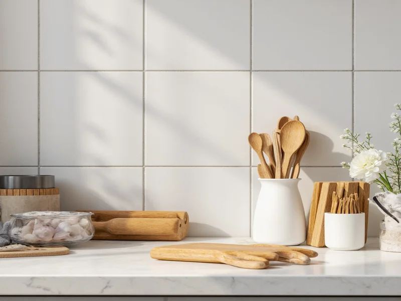 Clean kitchen counter with pie tools neatly stored