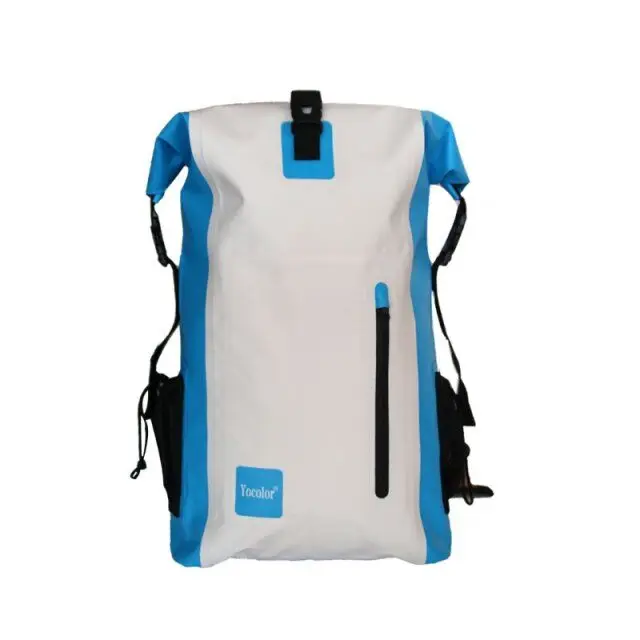 

Roll Top PVC Tarpaulin Waterproof Hiking Backpack Back Pack with Zipper Pocket, Light blue/white