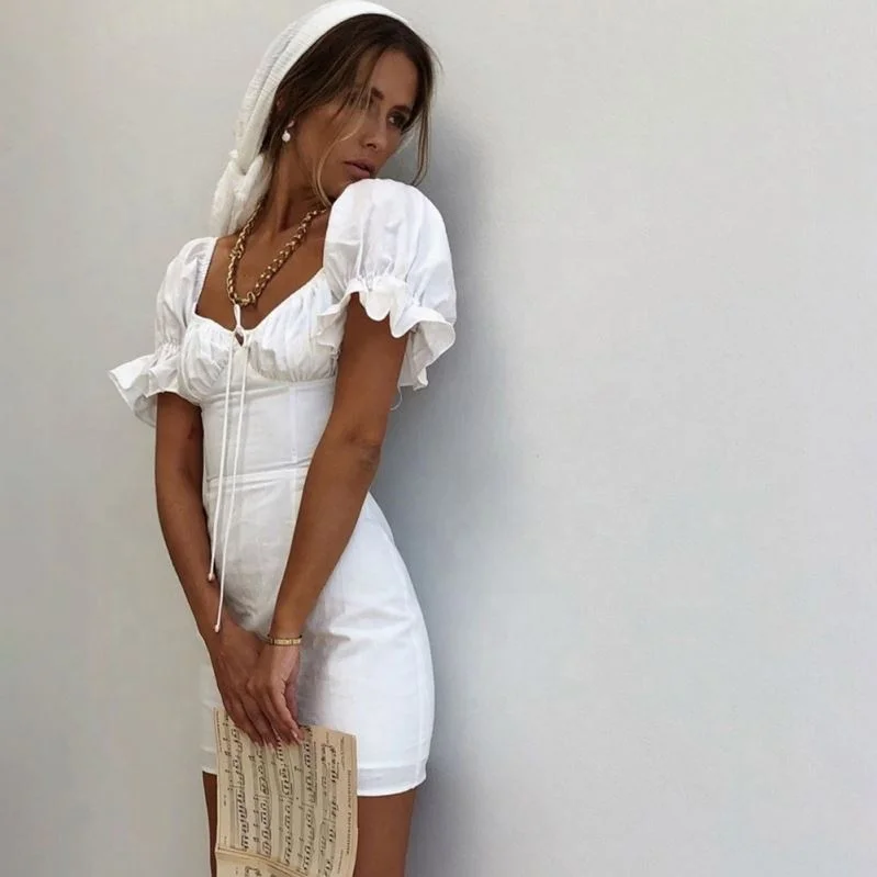 

2019 Bow Casual White Summer Dress Women Short Sleeve Sexy Dress Elegant Party Mini Dress Clothes