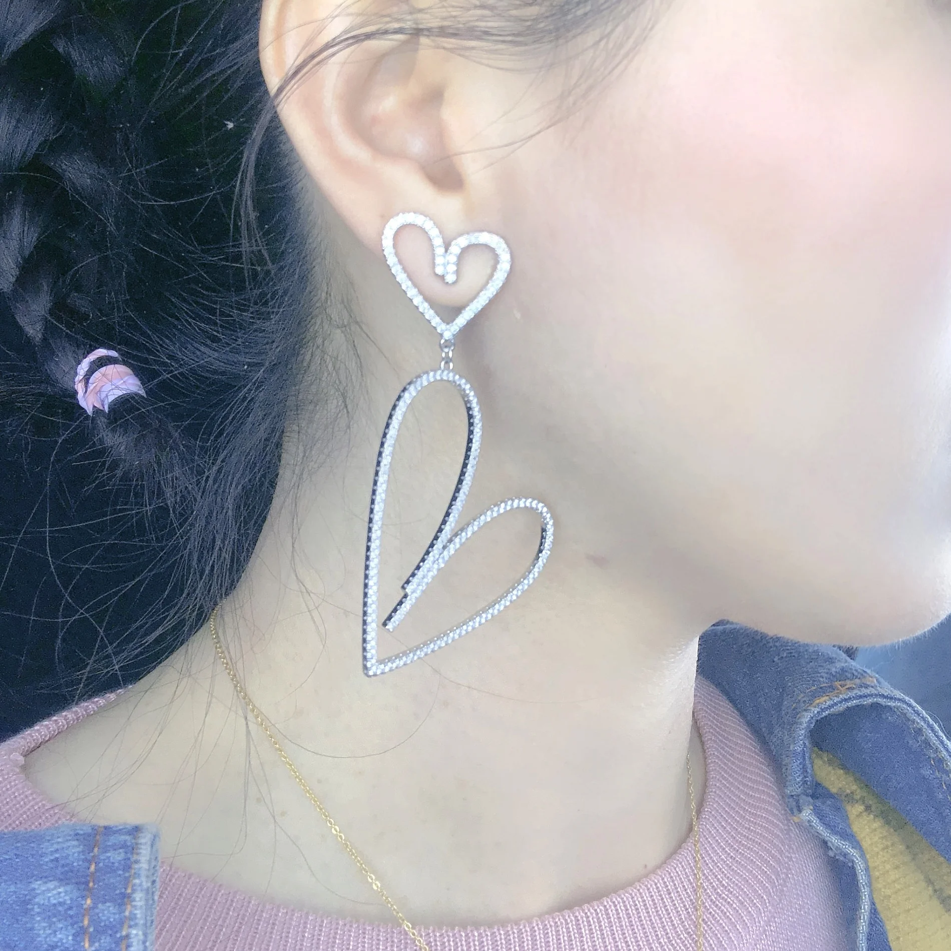 

2021 New Arrived Heart Cz Earring Jewelry Big Hollow Hearts Star Bling CZ Paved Shaped Dangling Earrings Women