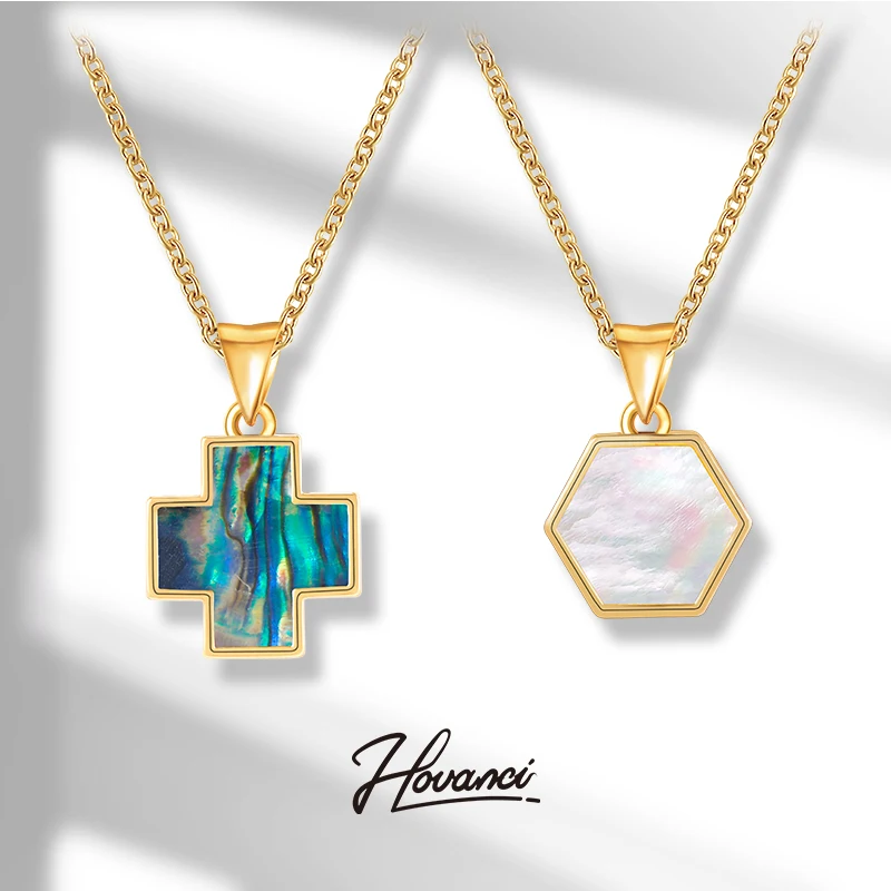 

HOVANCI Geometric Stainless Steel Necklace Fashion Simple Cross Pendant Cowrie Shell Diy Charms Gold Necklace