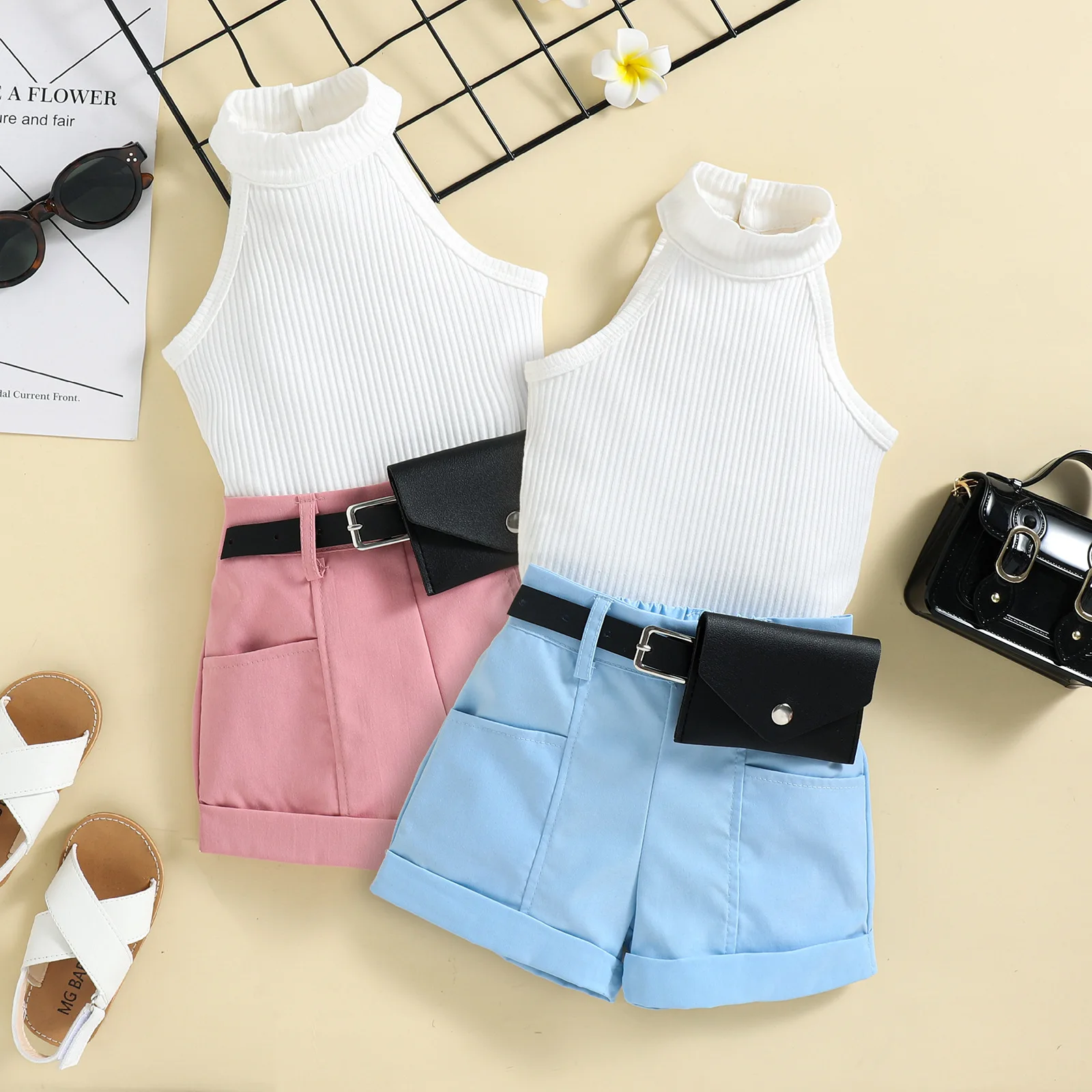 

Conyson Wholesale Hot Summer Fashion Baby Girls Clothes Sets Solid Sleeveless Halter Knit Vest+Shorts With Belt Bags Casual Suit, Picture shows