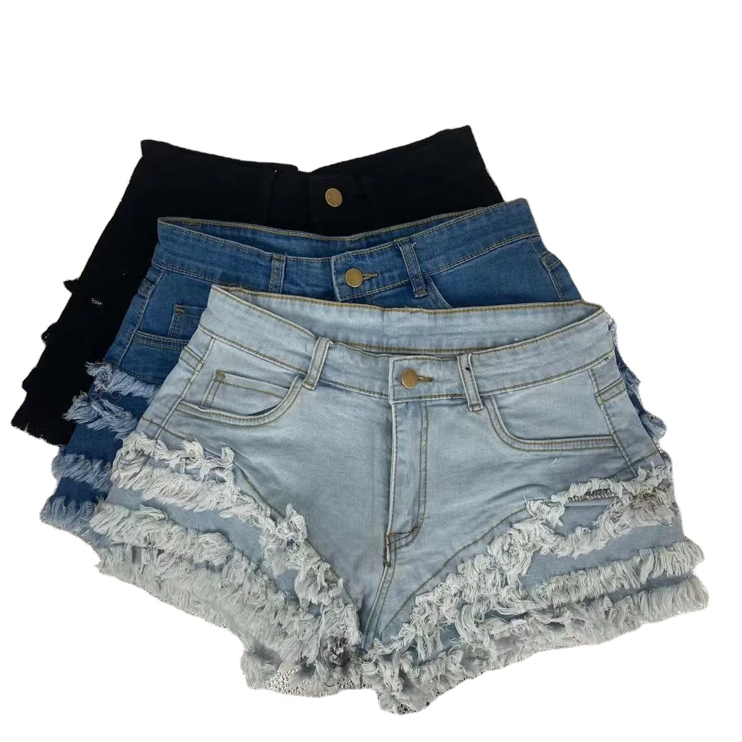 

Summer Fashion New Arrival 2021 Skinny Slim Middle Waist Ruffles Rip Denim Shorts Women Blue Jeans Shorts