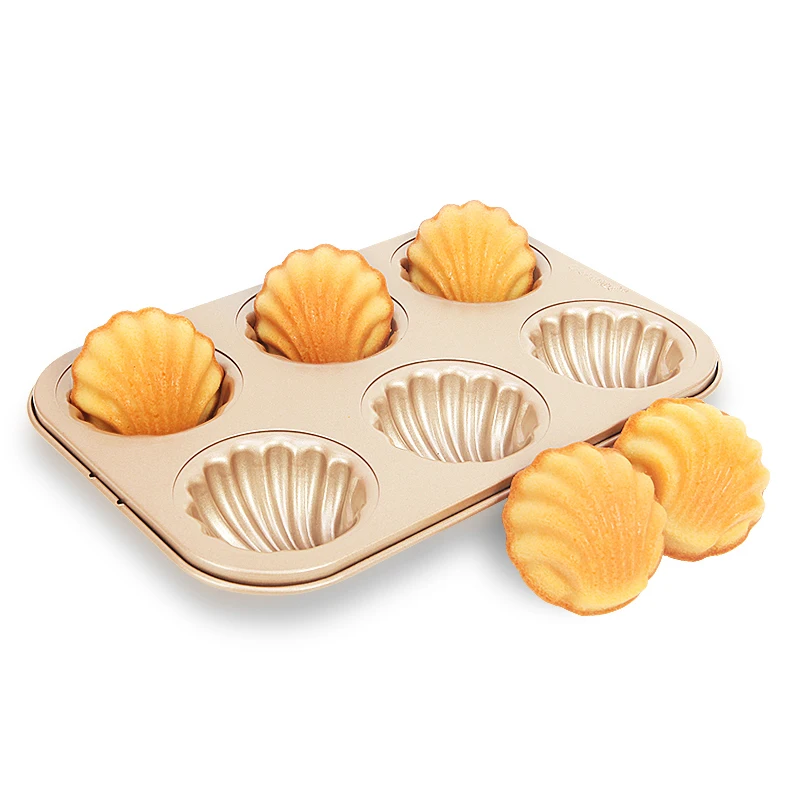 

CHEFMADE 6 Cup Carbon Steel Non Stick Coating Champagne Gold French Bakeware Tray Baking Dish Madeleine Mold Cake Pan