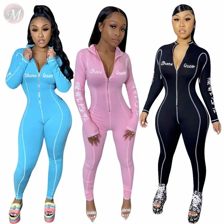 

BE-20090228 Wholesale Fashion Casual Letter Print Long Sleeve Jump Suit Basic Bodysuits Women One Piece Jumpsuits And Rompers