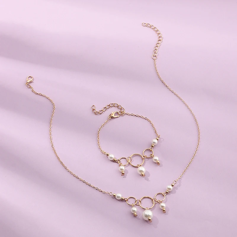 

Fashion Gold Jewelry Pearl Simple Costume Necklace Bracelet Jewelry Sets For Women