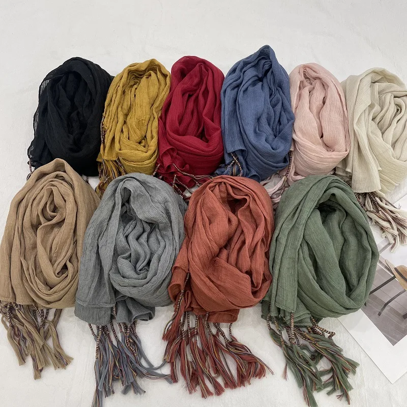 

Ladies Autumn Solid Color Vintage Ethnic Cotton Linen Scarves Women Traveling Casual Sun Protection Plain Shawl with Tassel