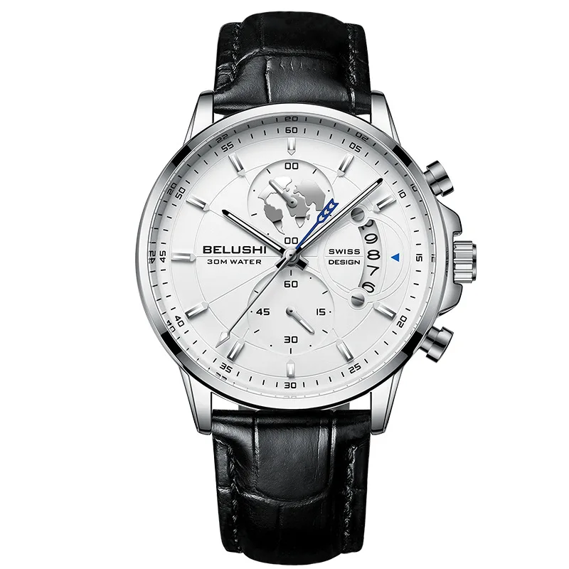BELUSHI Watches for Men 576 Reloj Waterproof Leather Quartz Watch Man Luxury Small Three Needle Chronograph Clock Wristwatches