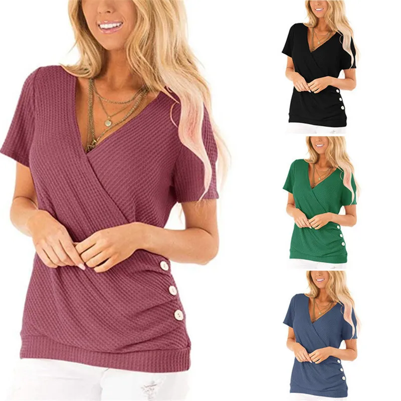 

Women Shirt Fashion Deep V Neck Top Cross Top Button Short Sleeve Knitting Clothing Casual Tees Camisetas Verano Robe Femme, As the pictures shown