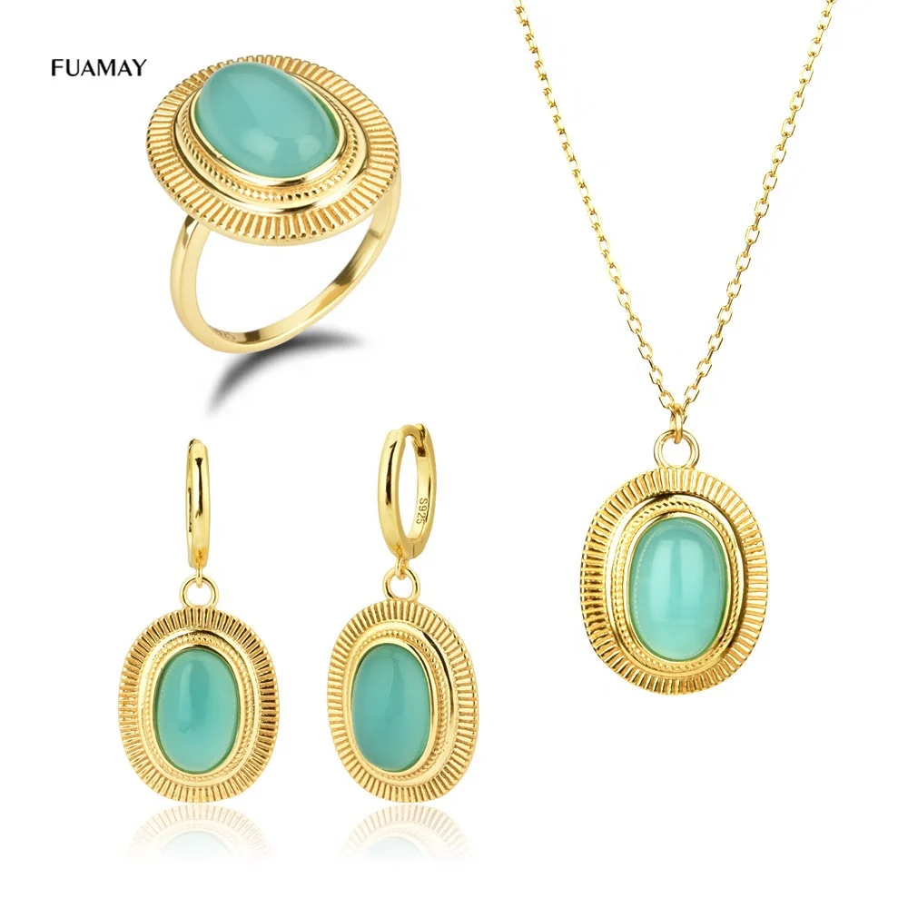 

FUAMAY Woman Natural Gemstone 925 Silver Jewelry Sets Geometric Oval Gemstone Diamond Necklace Earrings Rings Sets