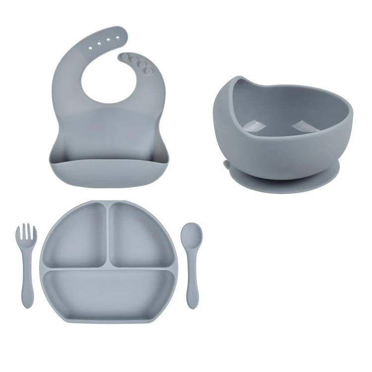 

Food Grade BPA Free Kids Feeding Set Baby Silicone Divided Suction Plate with bib and bowl set