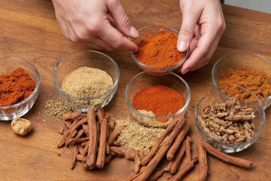 Hand mixing various spices in small bowls to create custom cumin substitute blend