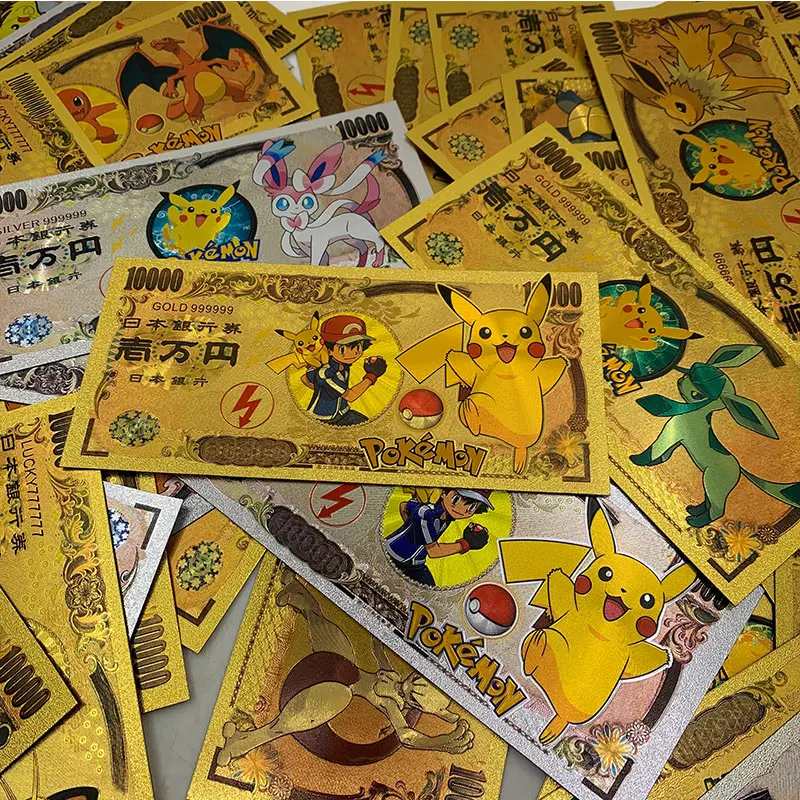 

Japan Anime Poke-mon cards 10000 Yen Gold Foil Plated Banknote Pikachu Tickets Game pokemoned Cards for gift