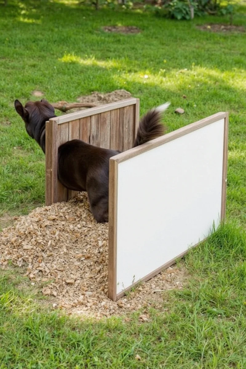 Two-level side yard setup with ramp connecting upper and lower zones for dogs