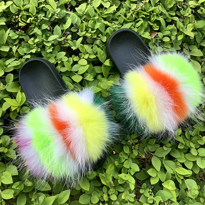 

Good quality high-end genuine ladies slippers real fox fur slippers women fashion slippers colorful fur slides, Picture