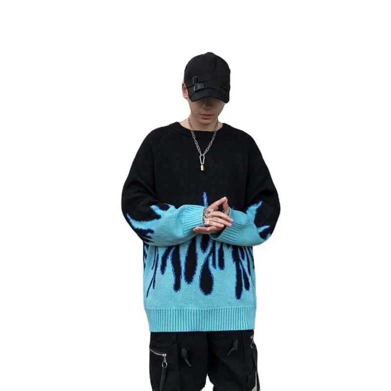 

2020 Loose sweater flame hip-hop high street crew neck pullover sweater for men, Picture shown