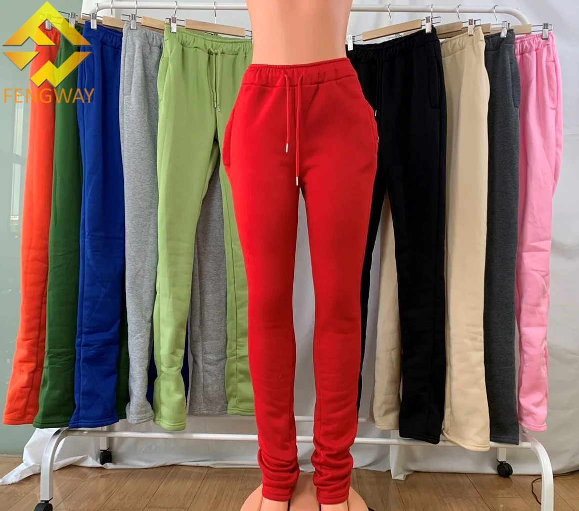 

custom 2021 fall Mid Waist fleece cotton stacked joggers thick Stacked Sweat pants leggings Women, White, yellow, gray, green, black, pink, blue