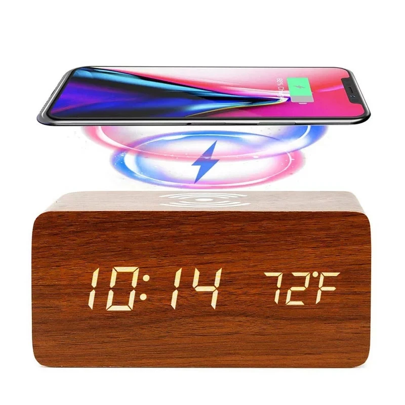 

Led Electric Alarm Clock Wooden Thermometer With Date Display Table Top Digital Clock With Wireless Charger