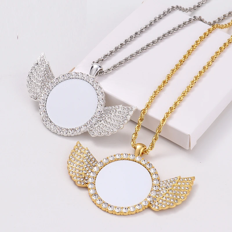 

Factory price Sublimation Blanks Metal Necklace Sublimation Jewelry angle wing Pendant Blanks for Custom Promotion Gifts