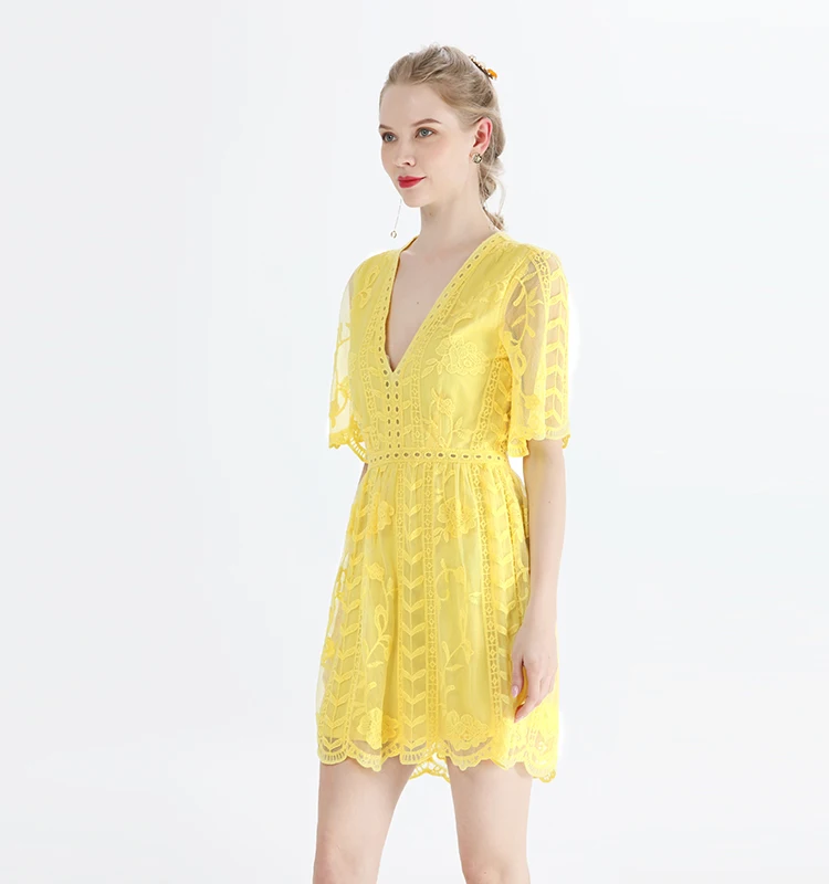 

Embroidery Lace High Quality Short Sleeve Summer Women Casual Bodycon Lady Dresses