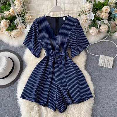 

2020 Summer Women Fashion Striped Wide Leg Short Jumpsuits