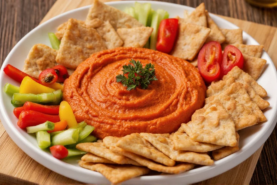 Vibrant red pepper hummus served with assorted vegetables and pita chips on wooden board