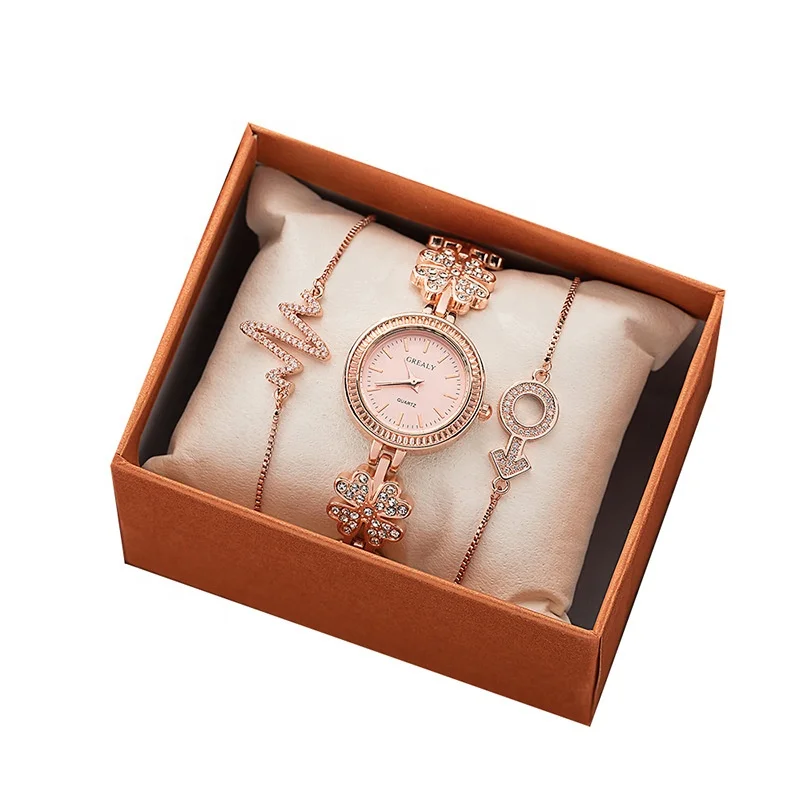 

Luxury Gold Flower Diamond Ladies Girl Gift Watch And Jewellery Set Bangle Women Watch And Bracelet Set