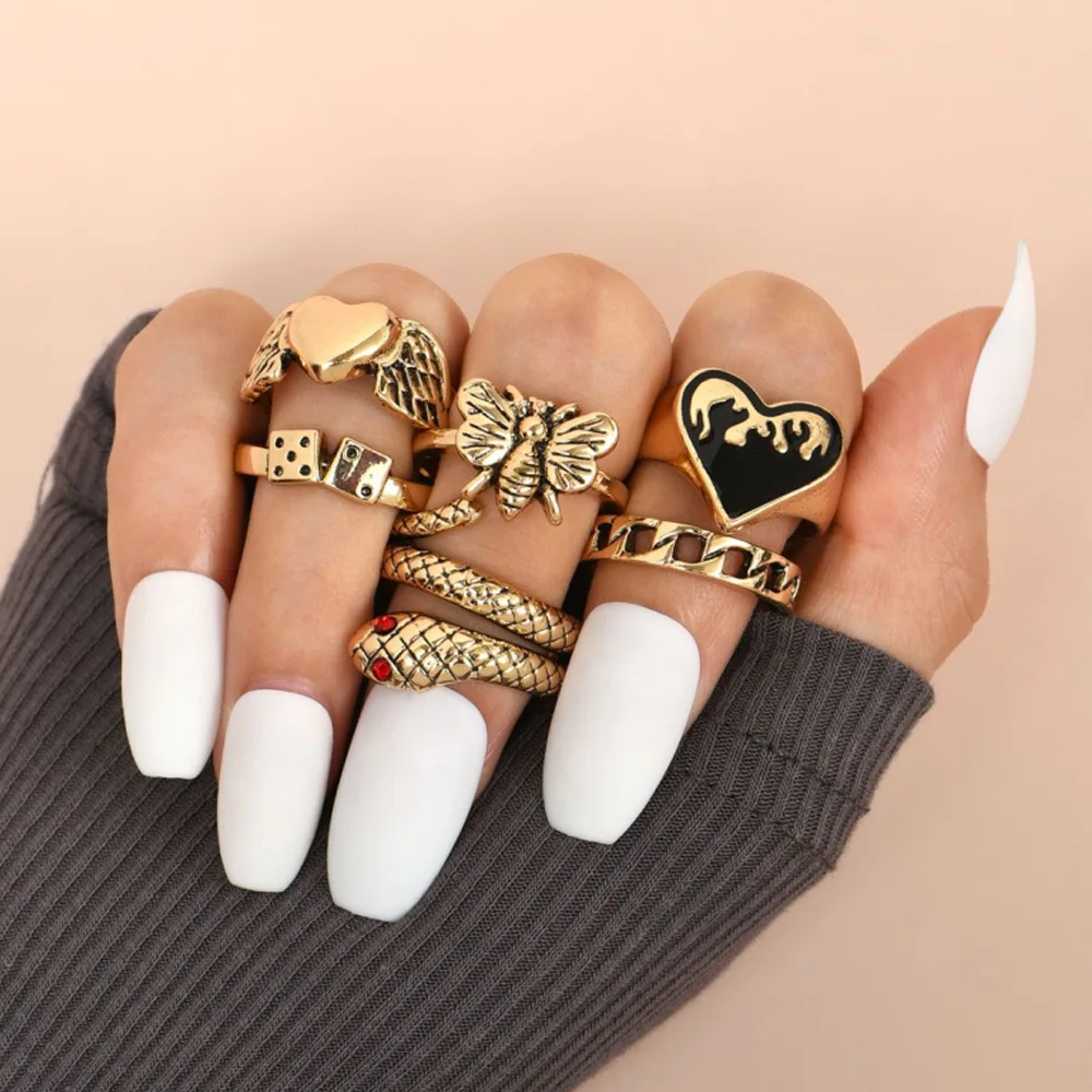 

2021 New Accessories Fashionable Personality Dripping Butterfly Ring Exaggerated Snake-shaped 6-piece Ring, Gold/silver