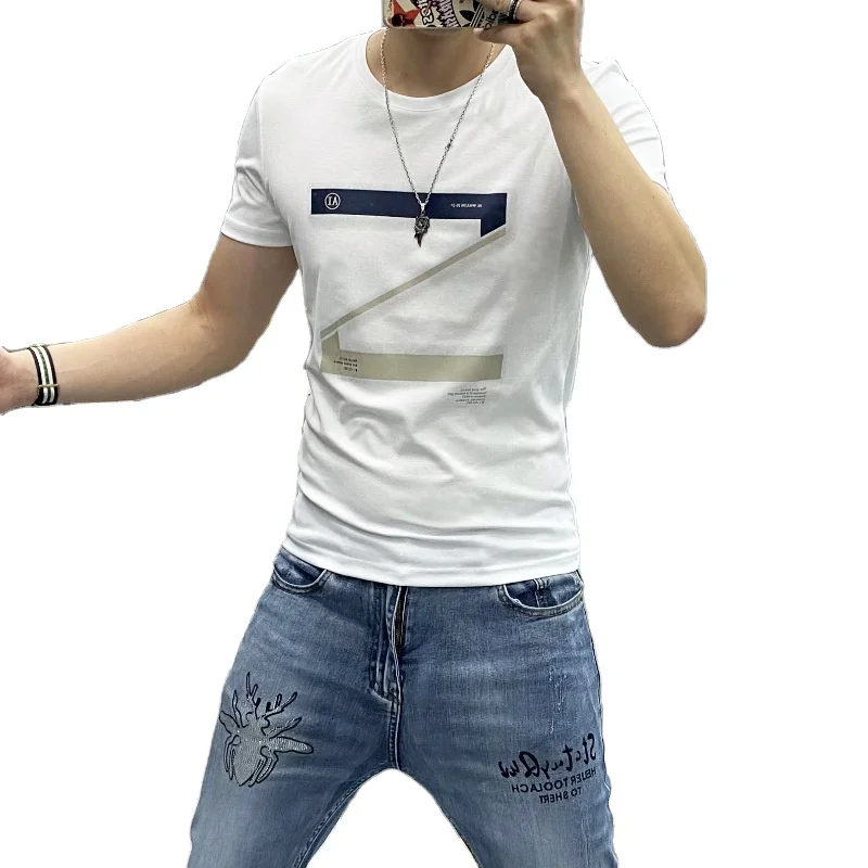 

Short sleeve T-shirt Men's Trend 2021 Summer trend letter print slim slim ice thread round collar, half sleeve shirt