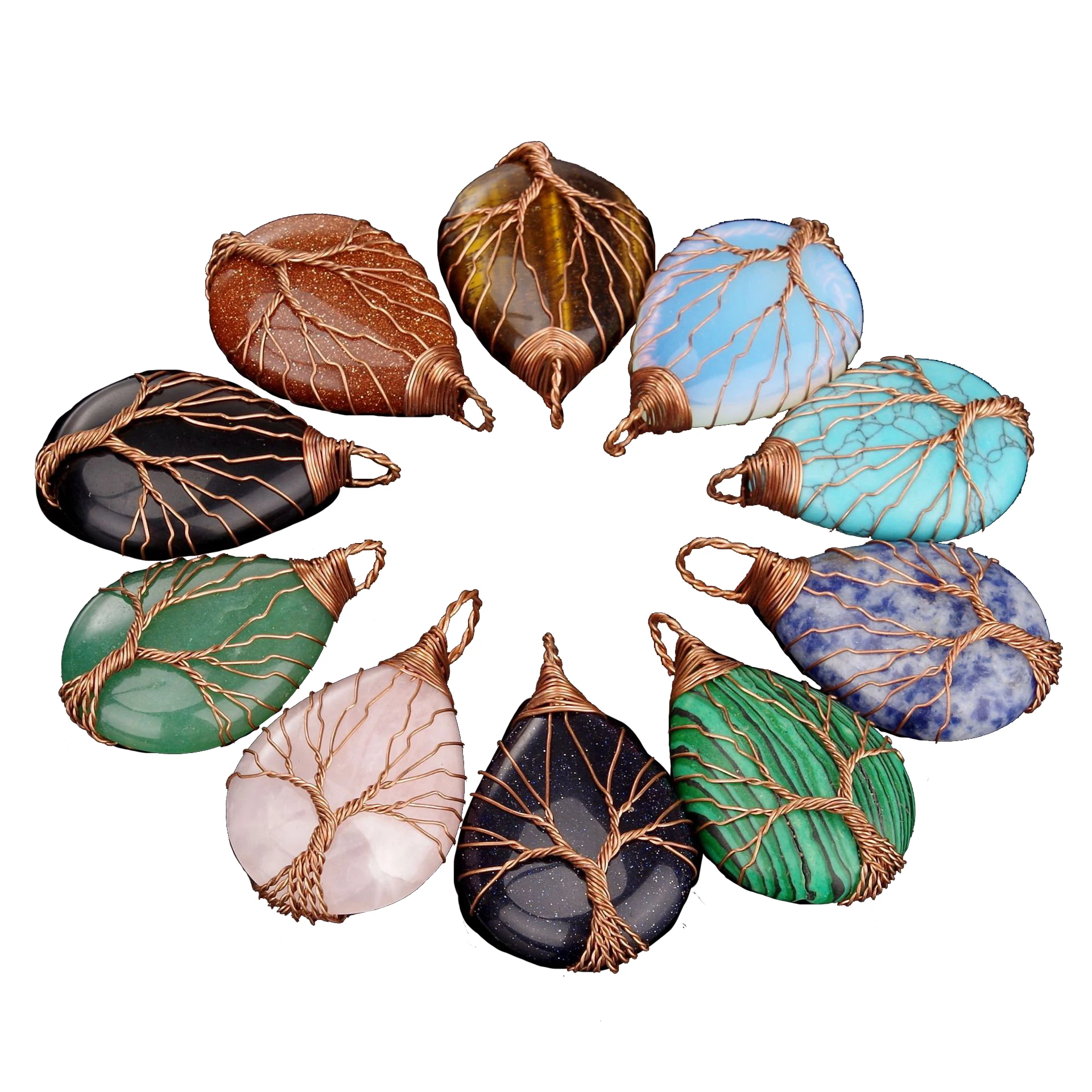 

Natural Stone Tree Of Life Necklaces Handmade Pendants Wire Wrap Chakra Amethyst Crystal Pendant Men Women Jewelry