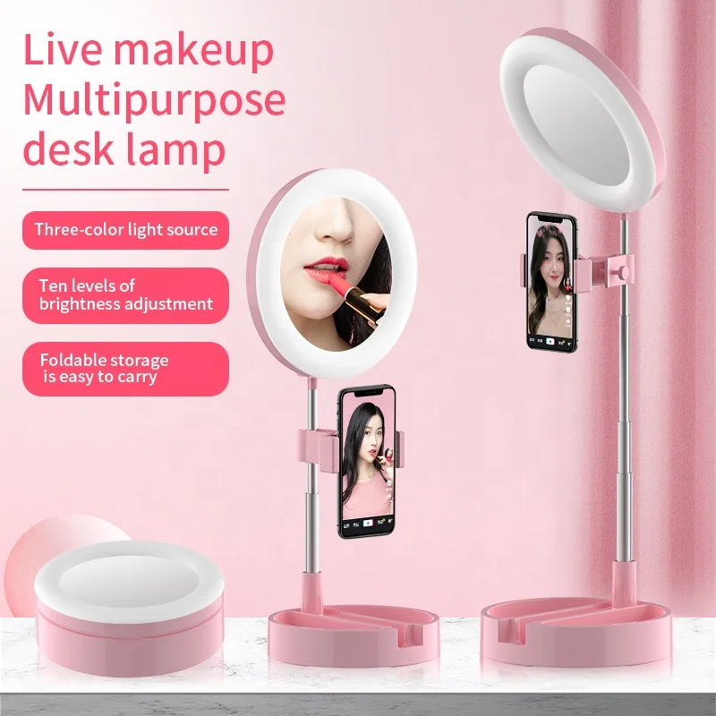 

G3 hot selling Beauty Live Broadcast live makeup multipurpose desk lamp foldable dimmable selfie ring light phone holder, Black pink white