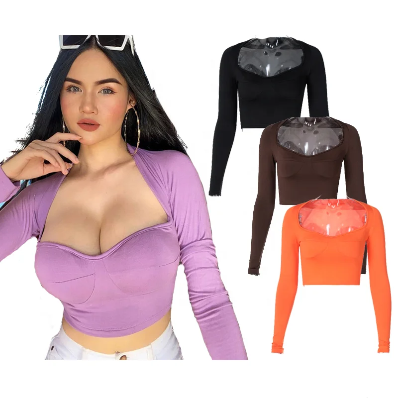 

Sexy Deep Square Collar Top Women Long Sleeve Shirts Solid Color Basic Crop Tops, Available