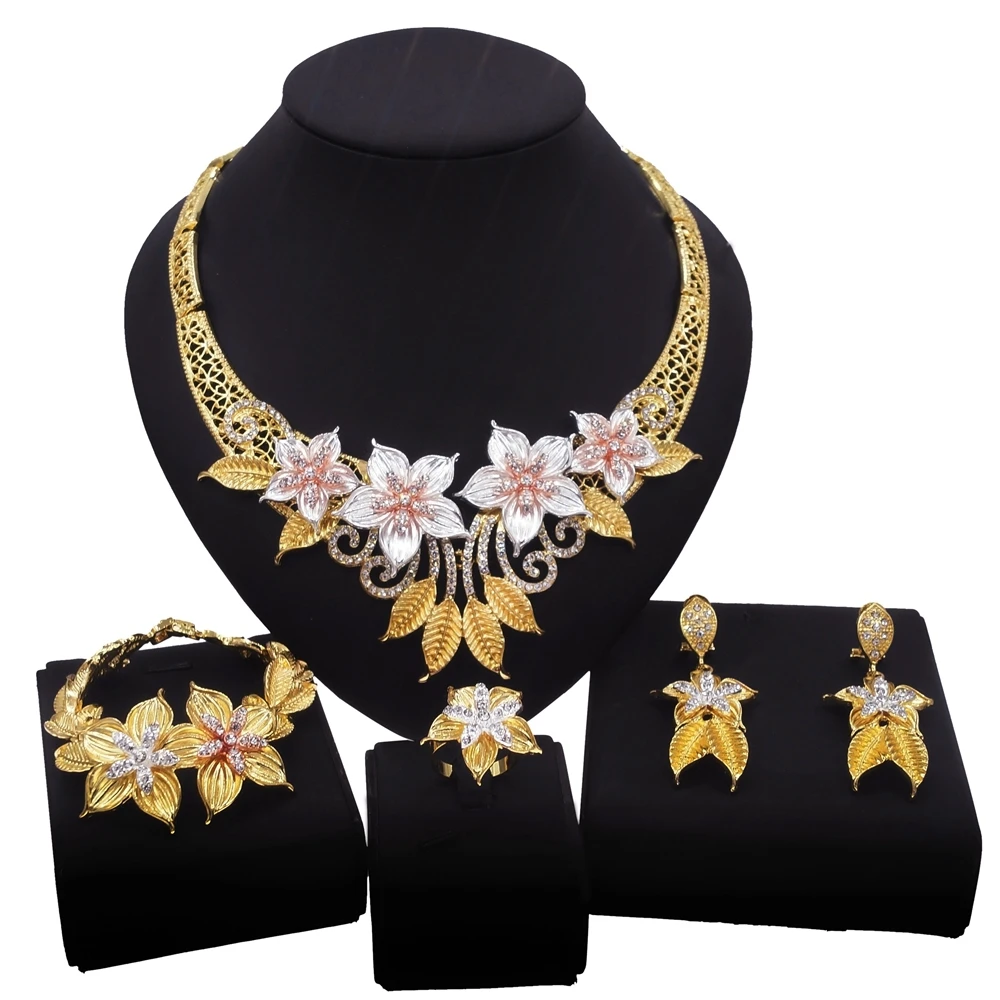 

Yulaili Hollow Design Flower Shape Jewelry Set and Perfect Girl Banquet Dress With Flower Necklace Earrings Bracelet Ring Set