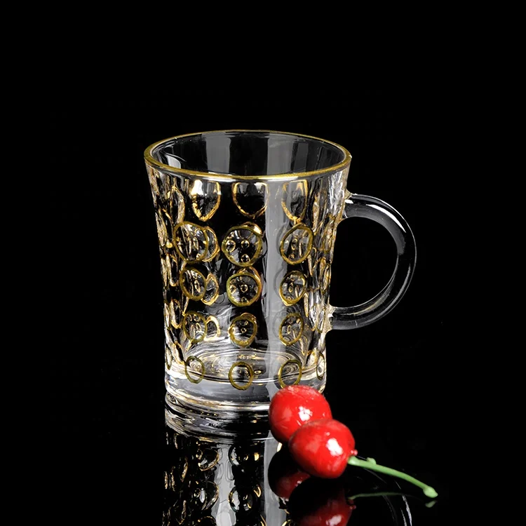 

256ML golden line circle pattern design clear Glass beer mug cup with handle, Transparent with golden line