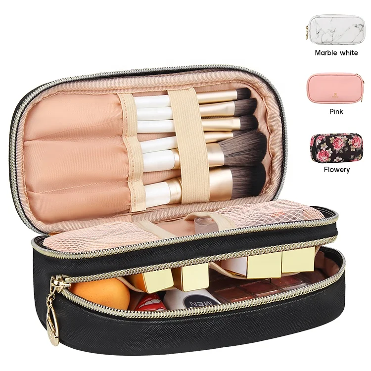 

Relavel Small Black Eco Friendly Zipper Portable Dual Layer Waterproof Travel Makeup Cosmetic Pouch Bag