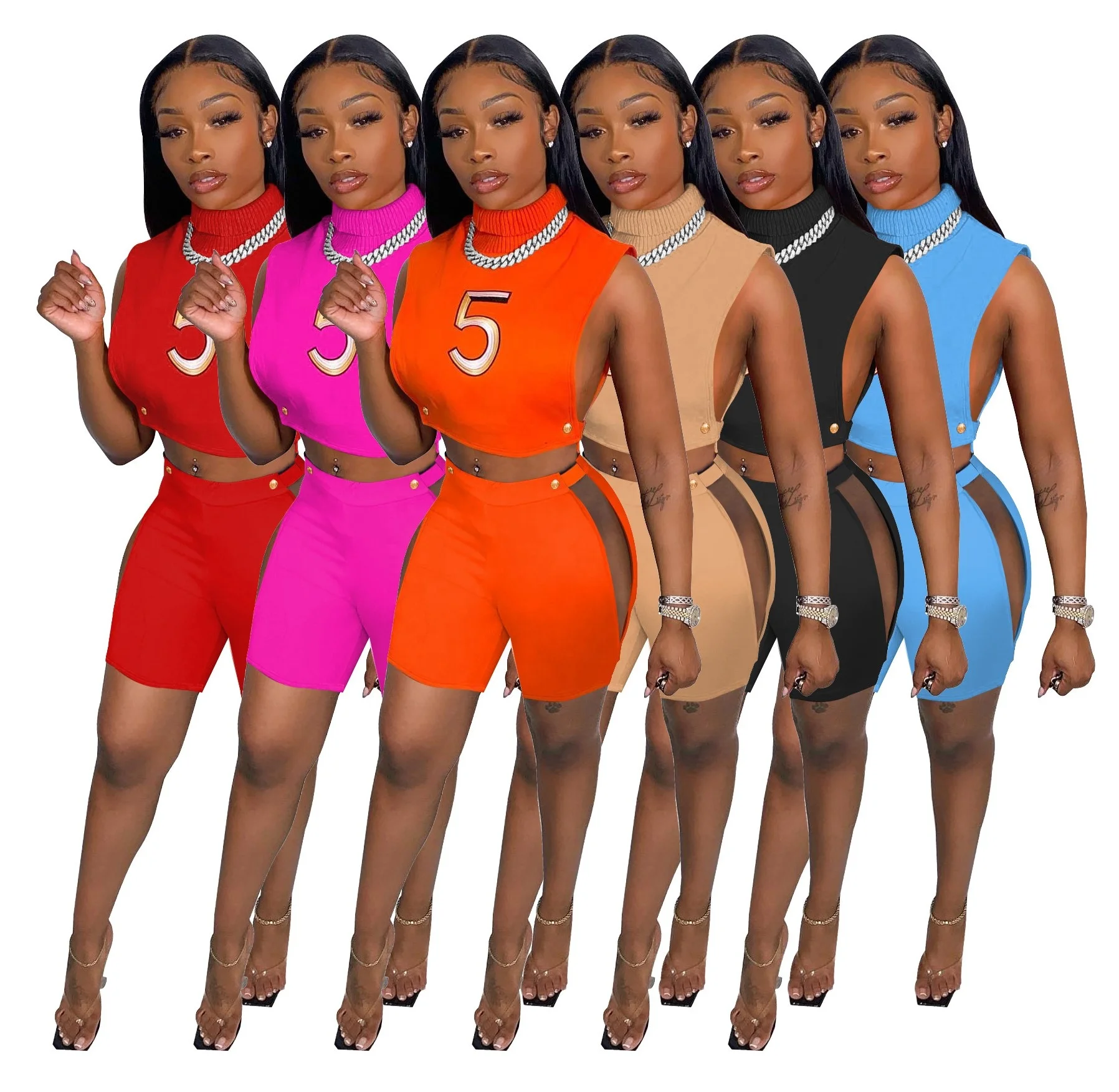 

2022 Summer New Trendy Hollow Out Shorts 2 Piece Set Women Clothing Logo Embroidery Turtleneck Club Outfits